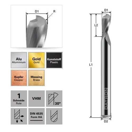 Datron Maró egyélű gömbvégű D1=3/D2=6/L1=50/L2=8/R=1,5